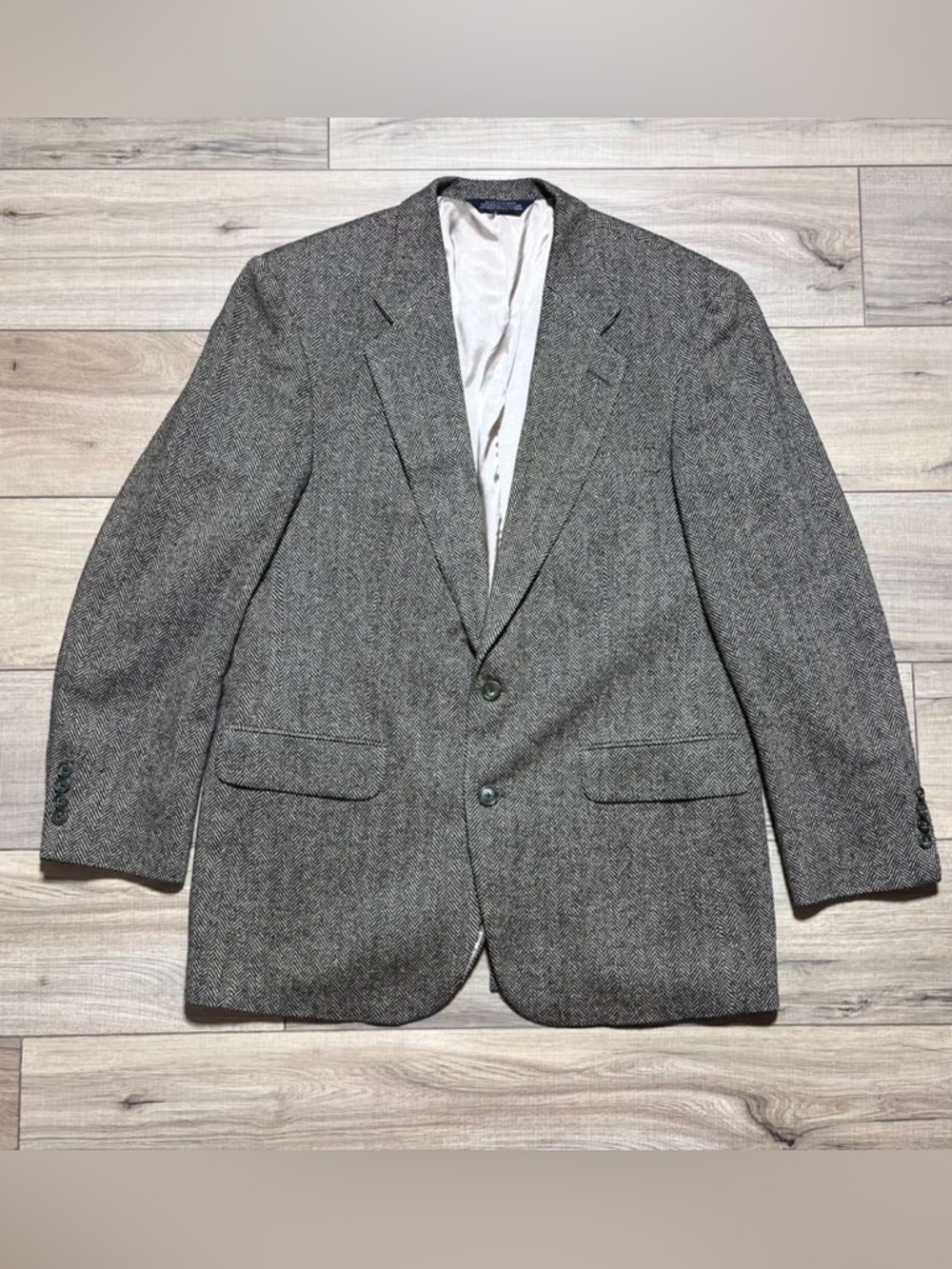Lands End Mens Lambswool & Wool Herringbone Blazer Size 42L Beige & Black